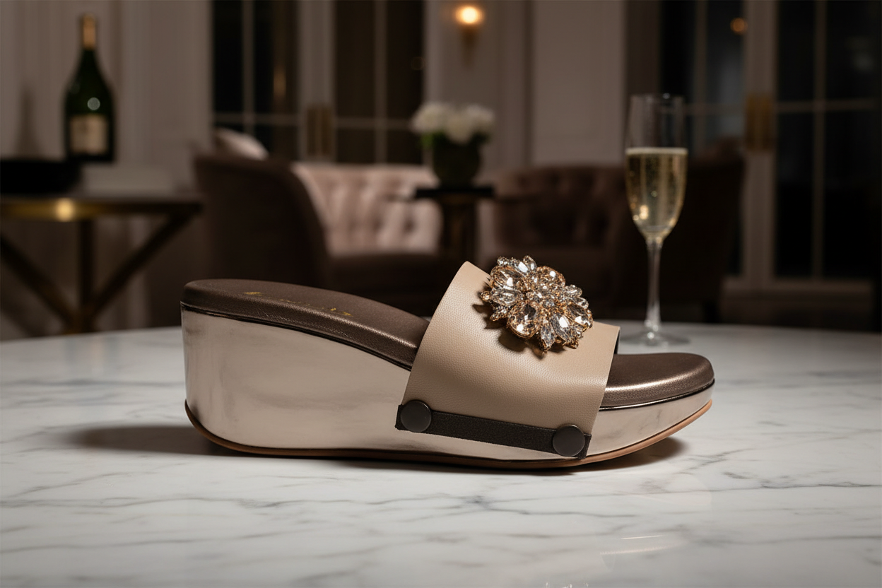 Close-up of cork wedge sandals with gold brooch snap-on strap on warm interior flooring with soft ambient lighting by Soule Footwear
