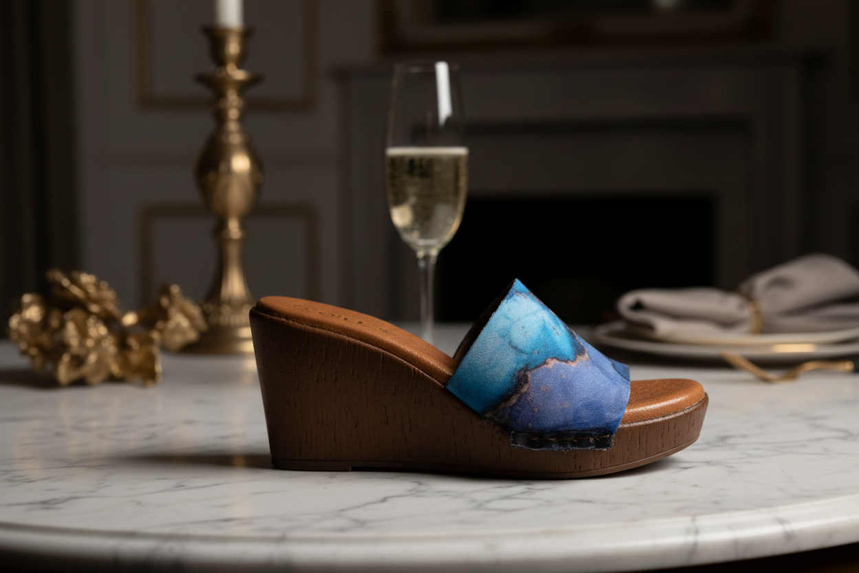 Bold and Beautiful Fluid Art snap-on shoe strap close-up on cork wedge sole - deep blue teal swirl by Soule