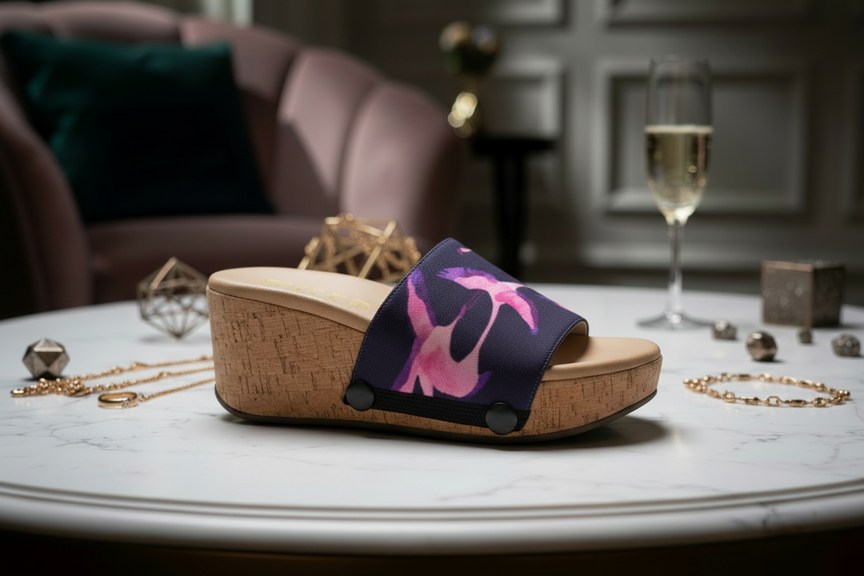 Midnight Flamingo Flight snap-on shoe strap set close-up on cork wedge - watercolour flamingos in flight on midnight navy by Soule