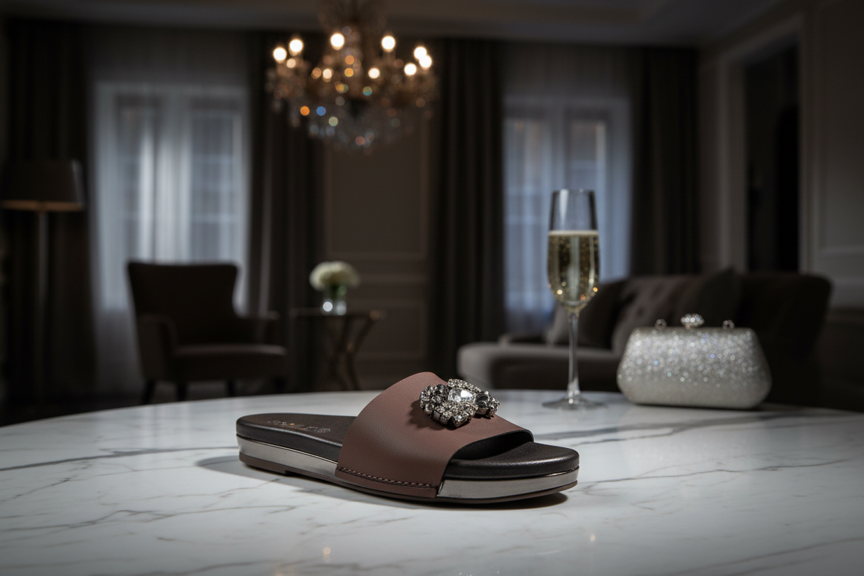 Soule Silver Bow Brooch sandal accessory styled in a luxury interior setting