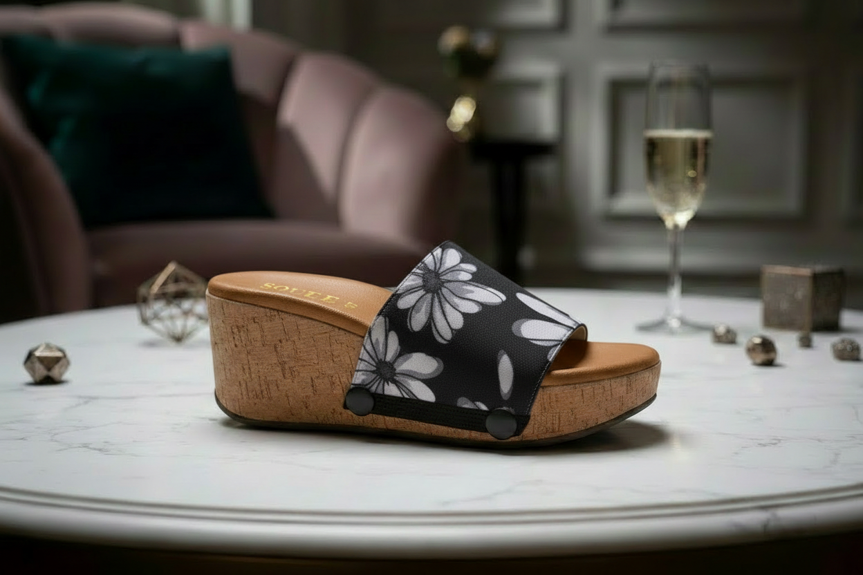 Close-up of Noir Blossom interchangeable strap on cork wedge sole by Soule Footwear on marble table