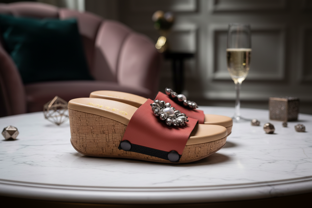 Soule Silver Circle Brooch styled on wedge sandal, editorial flat lay