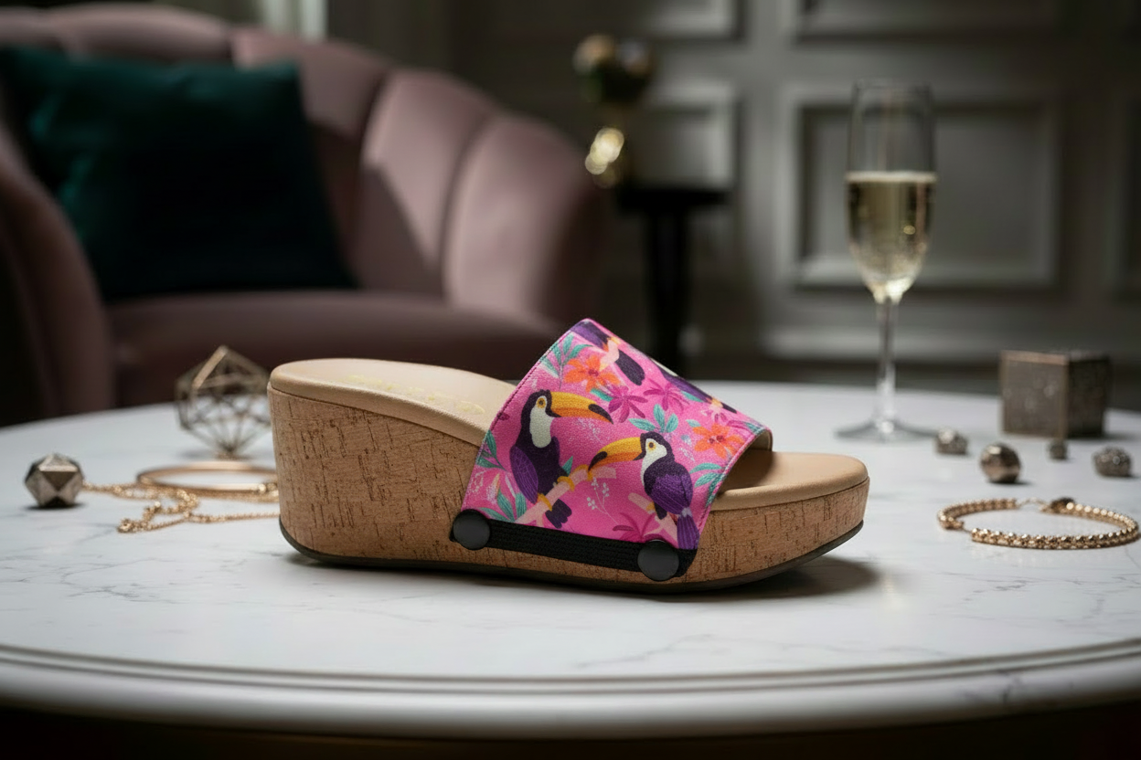 Tropical Toucan Bliss snap-on shoe strap close-up on cork wedge - purple toucans on hot pink tropical print in lush garden by Soule