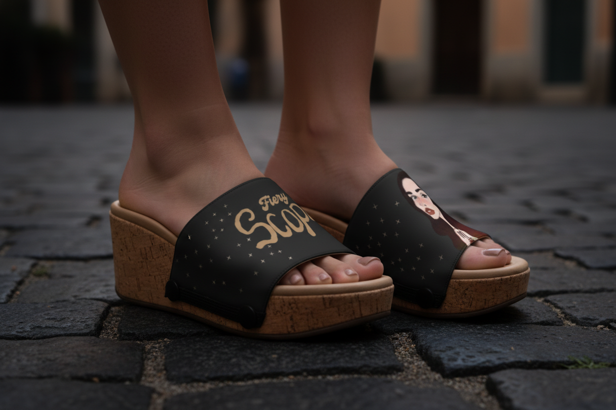 Close-up of cork wedge slide sandals with black snap clips and dark charcoal Fiery Scorpio zodiac strap with gold stars on cobblestone pavement by Soule Footwear