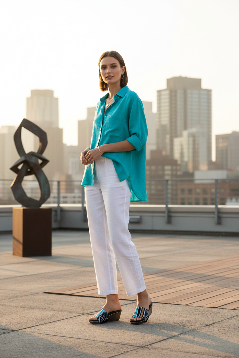 Full-length shot of slim model wearing Midnight Maze geometric strap sandal on urban rooftop, styled in white wide-leg trousers and turquoise top, by Soule Footwear