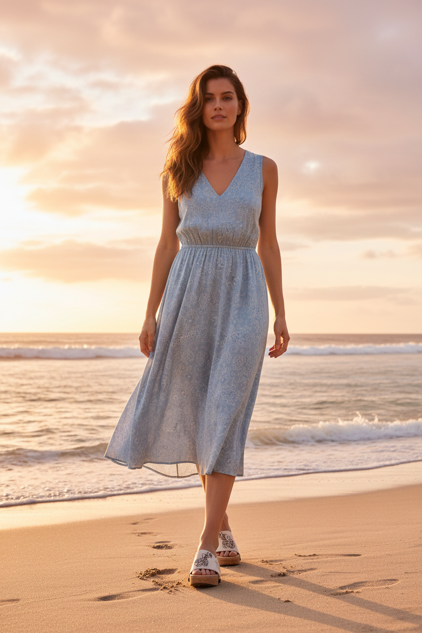 Full-length shot of woman walking on beach shoreline wearing Serene Blooms Soule wedge sandals