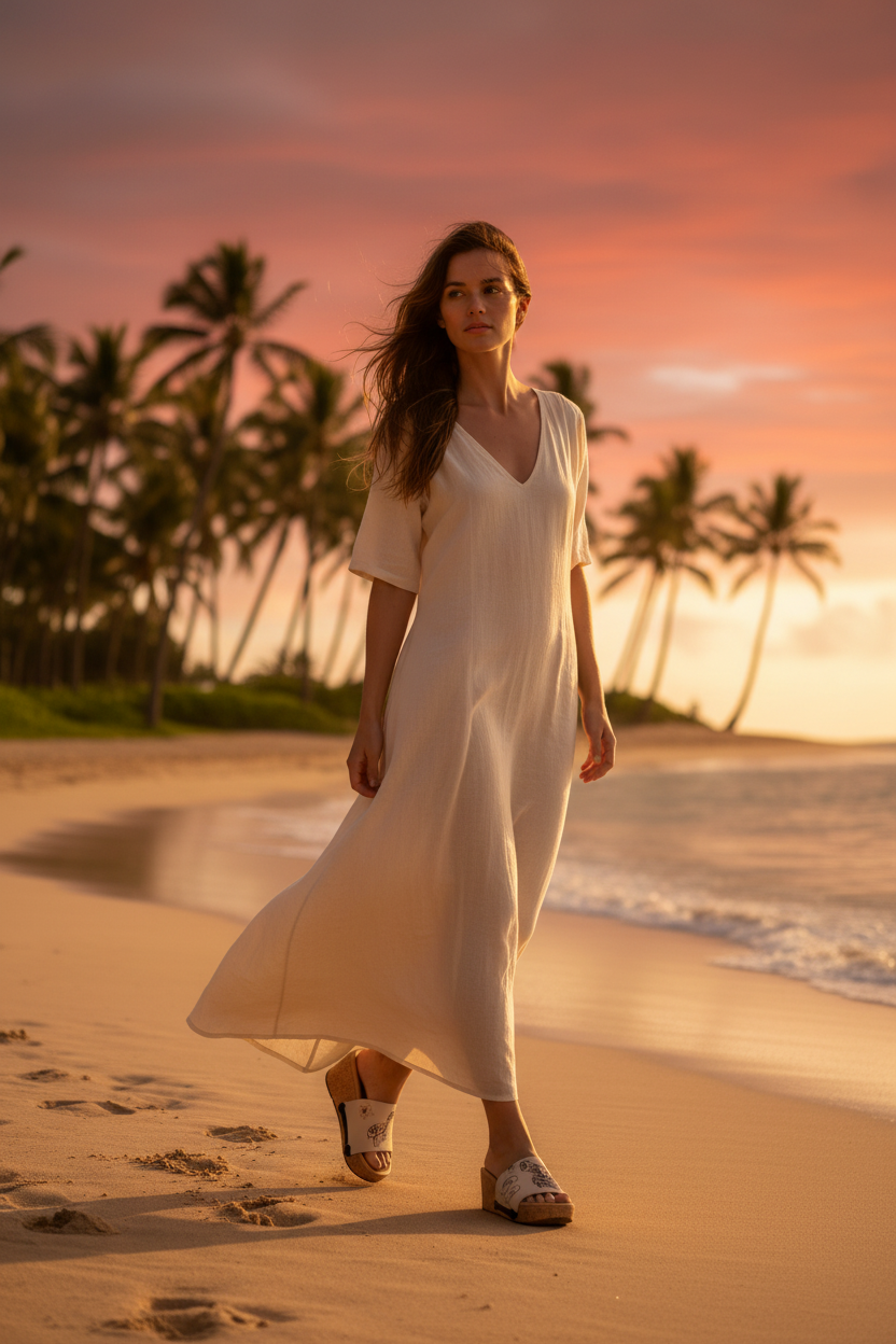 Full-length shot of woman walking on beach at sunset wearing Aloha Vibes Soule wedge sandals in cream maxi dress