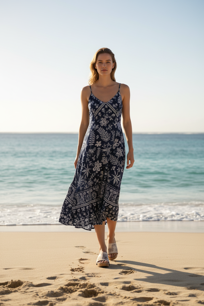 Full-length shot of woman walking on beach shoreline wearing Sun & Sea Soule wedge sandals in navy and white sundress