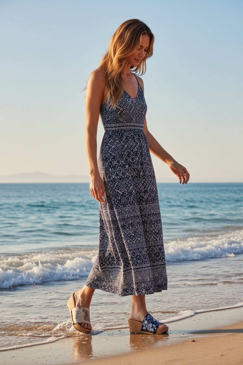 Full-length shot of woman walking on beach shoreline wearing Seashell Soule wedge sandals in navy and white maxi dress