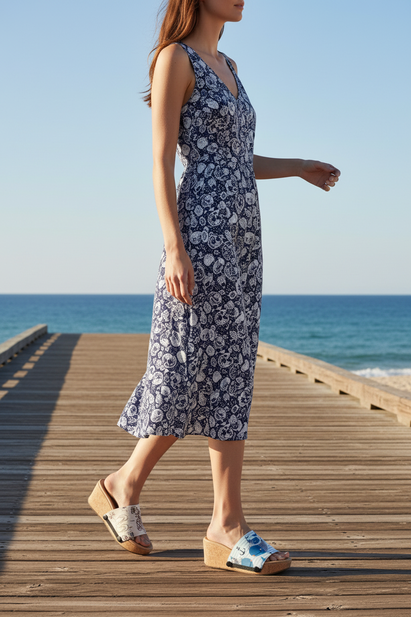 Full-length shot of woman walking on beach boardwalk wearing Whale of a Time Soule wedge sandals in navy and white midi dress