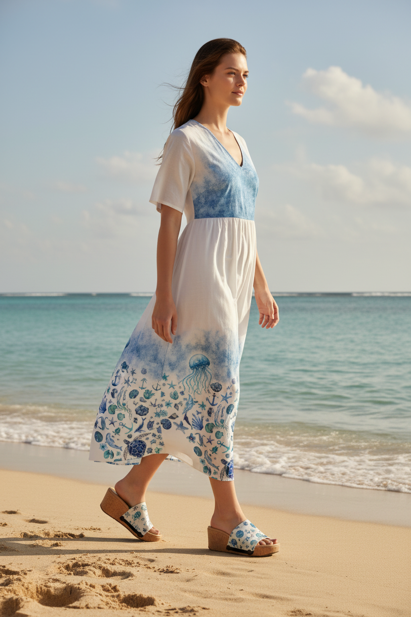 Full-length shot of woman walking on beach shoreline wearing Ocean Dreamscape Soule wedge sandals in white and blue maxi dress