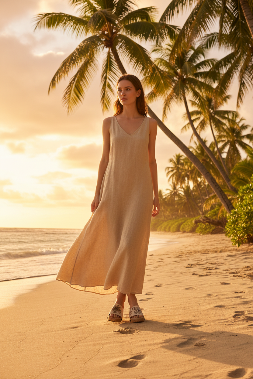 Full-length shot of woman walking on tropical beach at golden hour wearing Tropical Escape Soule wedge sandals in natural tan maxi dress