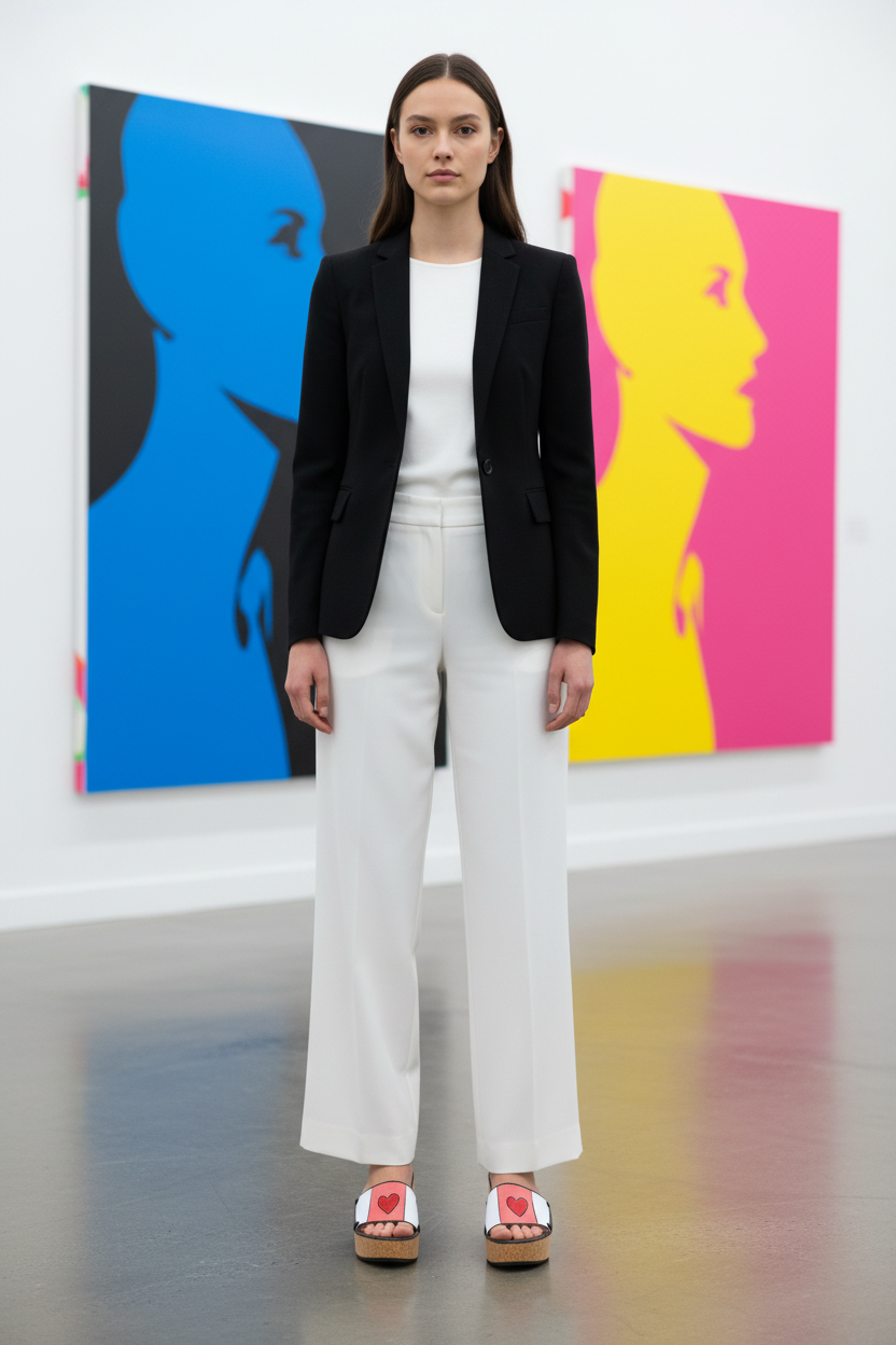 woman wearing Heartbeat Soule wedge sandals in smart casual outfit in contemporary pop art gallery