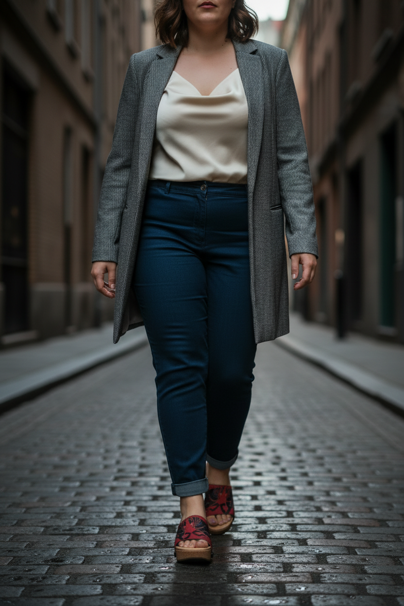 Curvy woman wearing Bold Fluid Art Soule wedge sandal in smart casual urban outfit