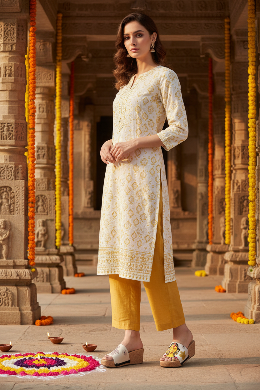 Full-length editorial shot of slim model in ethnic fusion outfit wearing Divine Goddess sacred lotus and Durga snap-on sandal strap — Ethnic Collection by Soule Footwear