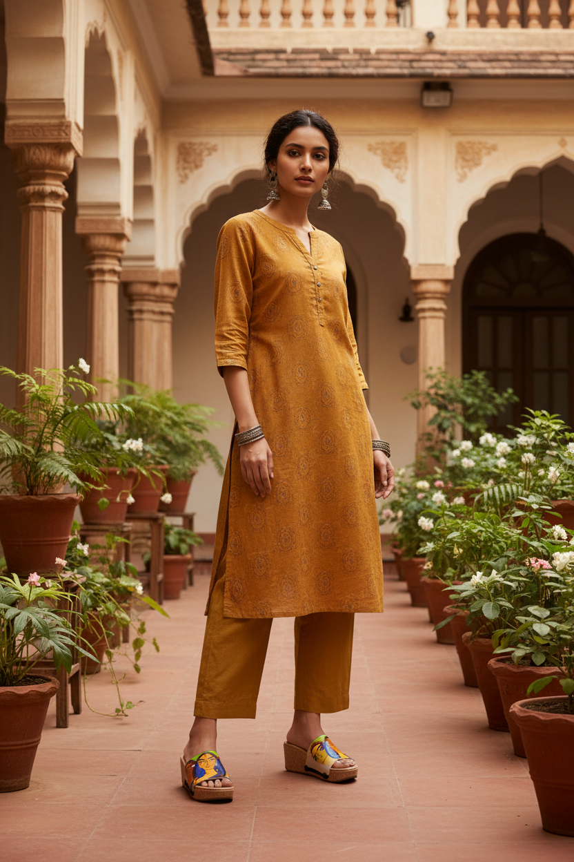 Mid-length shot of slim model wearing Kalighat Folk Art ethnic strap sandal with vibrant Bengali folk print and cork wedge, styled with mustard linen trousers on a sunlit haveli verandah, by Soule Footwear