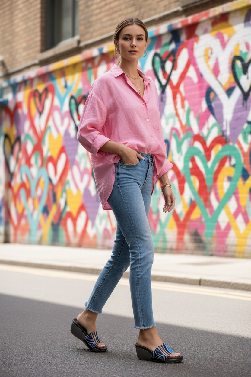 Full-length shot of slim model in pink top and jeans wearing Cheerful Hearts graffiti hearts strap sandal on a vibrant street mural backdrop, by Soule Footwear