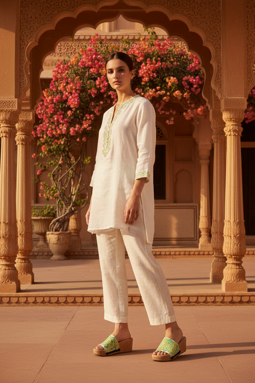 Full-length editorial shot of slim model in ethnic fusion outfit wearing Soule Mosaic green Moroccan print snap-on sandal strap — Ethnic Collection by soule footwear