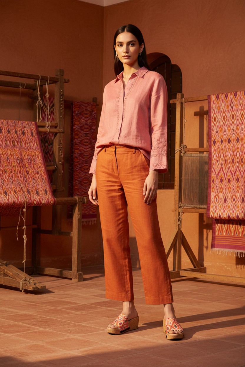 Full-length editorial shot of slim model in ethnic fusion outfit wearing Pochampally Ikat orange and pink flame print snap-on sandal strap — Ethnic Collection by Soule Footwear