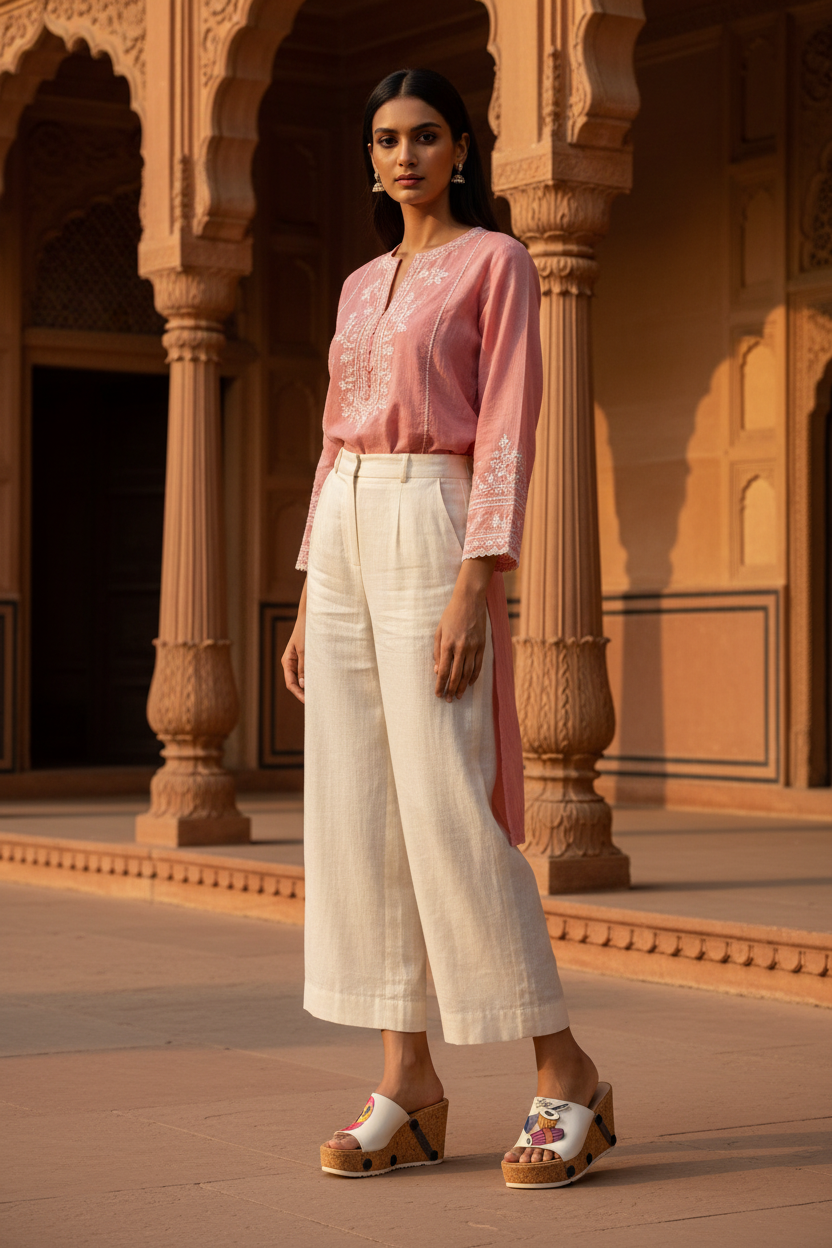 Full-length editorial shot of slim model in ethnic fusion outfit wearing Raaga Indian classical music snap-on sandal strap — Ethnic Collection by Soule Footwear