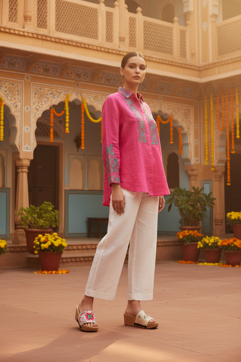 Full-length editorial shot of slim model in ethnic fusion outfit wearing Gulbagh Floral pink and teal kaleidoscope snap-on sandal strap — Ethnic Collection by Soule Footwear