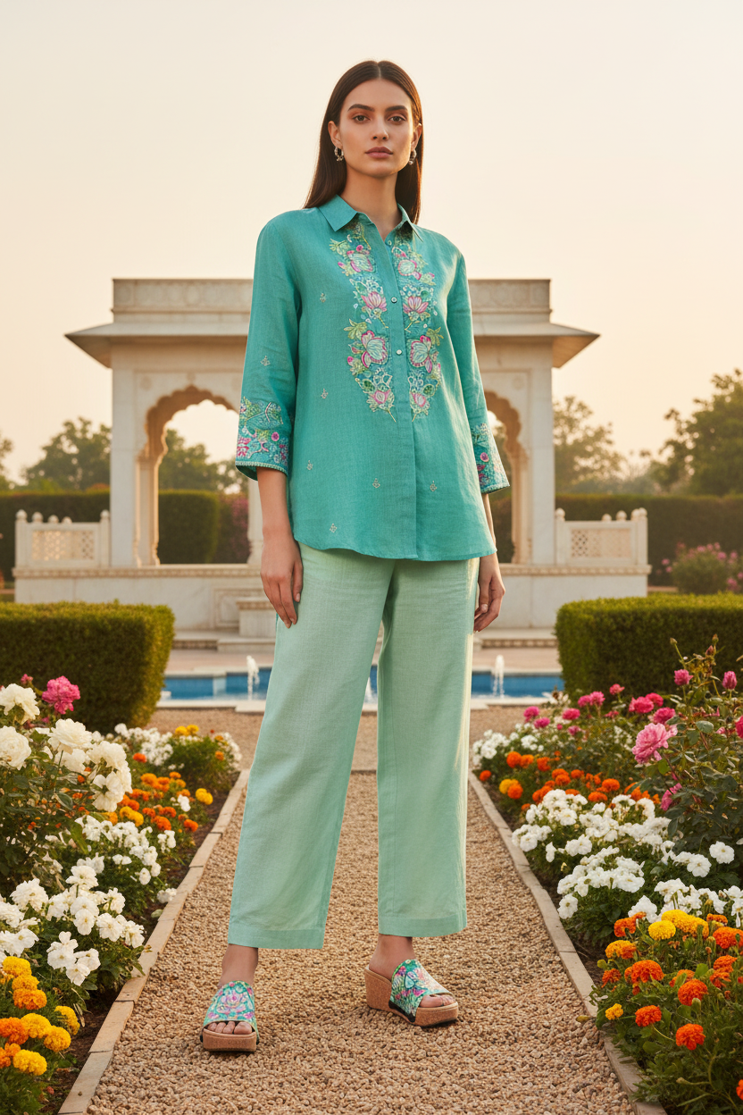 Full-length editorial shot of slim model in ethnic fusion outfit wearing Vibrant Mandala teal and pink lotus snap-on sandal strap — Ethnic Collection by Soule Footwear
