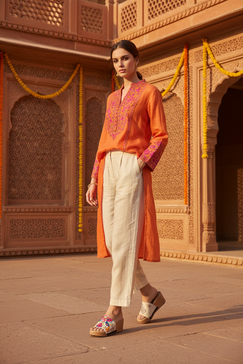 Full-length editorial shot of slim model in ethnic fusion outfit wearing Pichwai Peacock Mughal-print snap-on sandal strap — Ethnic Collection by Soule Footwear