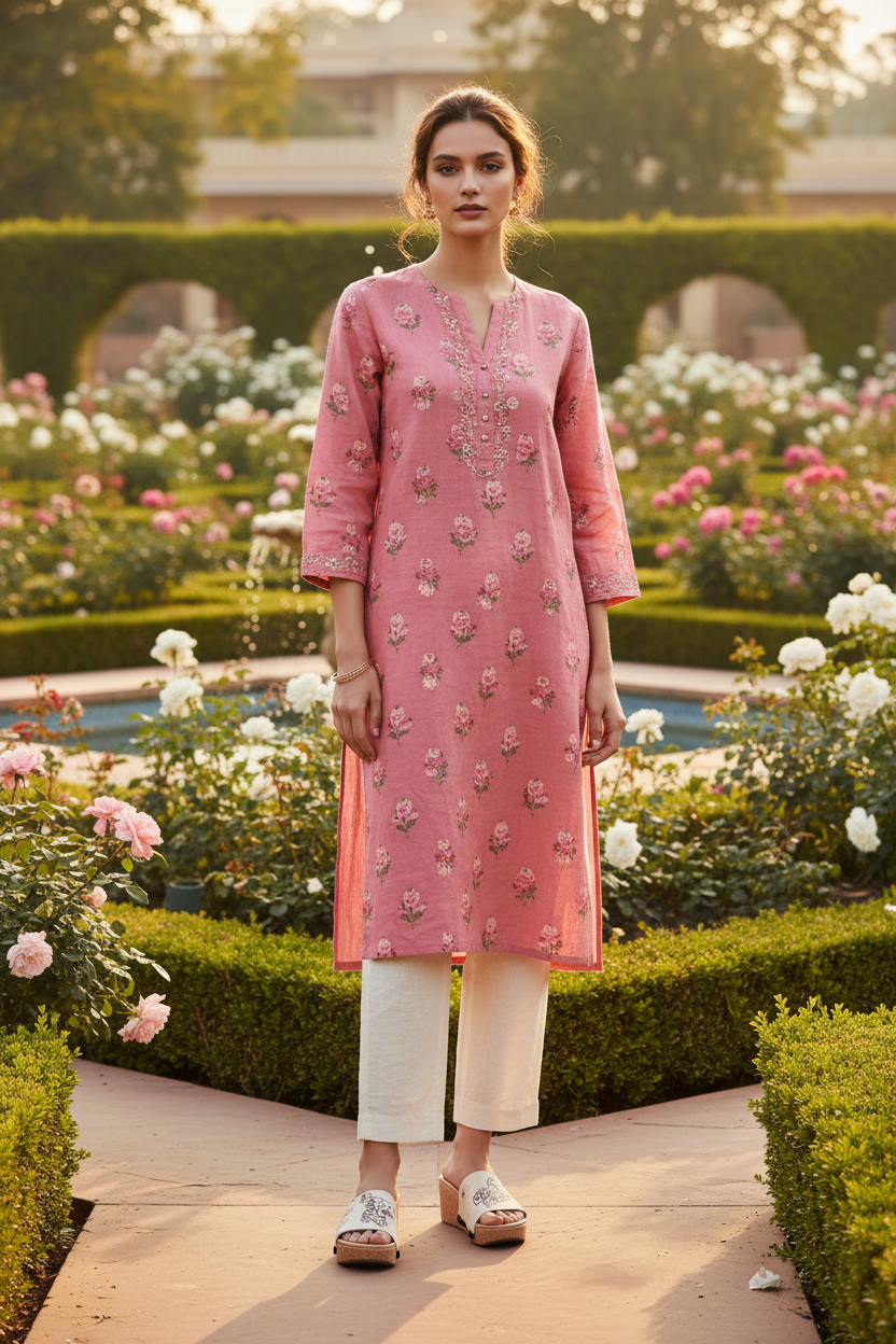 Full-length editorial shot of slim model in ethnic fusion outfit wearing Floral Fantasy Mughal rose and gold lattice snap-on sandal strap — Ethnic Collection by Soule Footwear