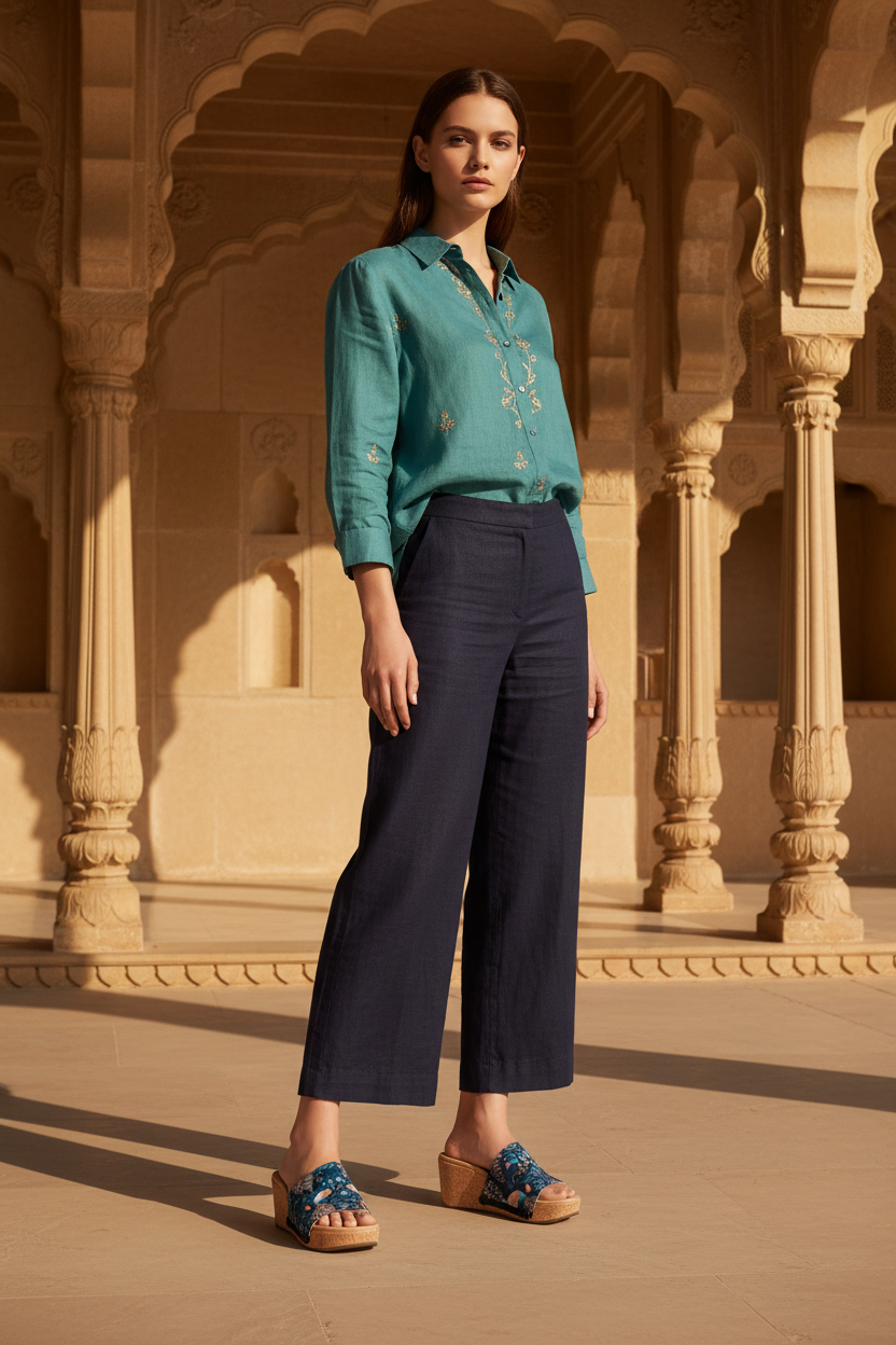 Full-length editorial shot of slim model in ethnic fusion outfit wearing Royal Peacock deep navy tapestry snap-on sandal strap — Ethnic Collection by Soule Footwear
