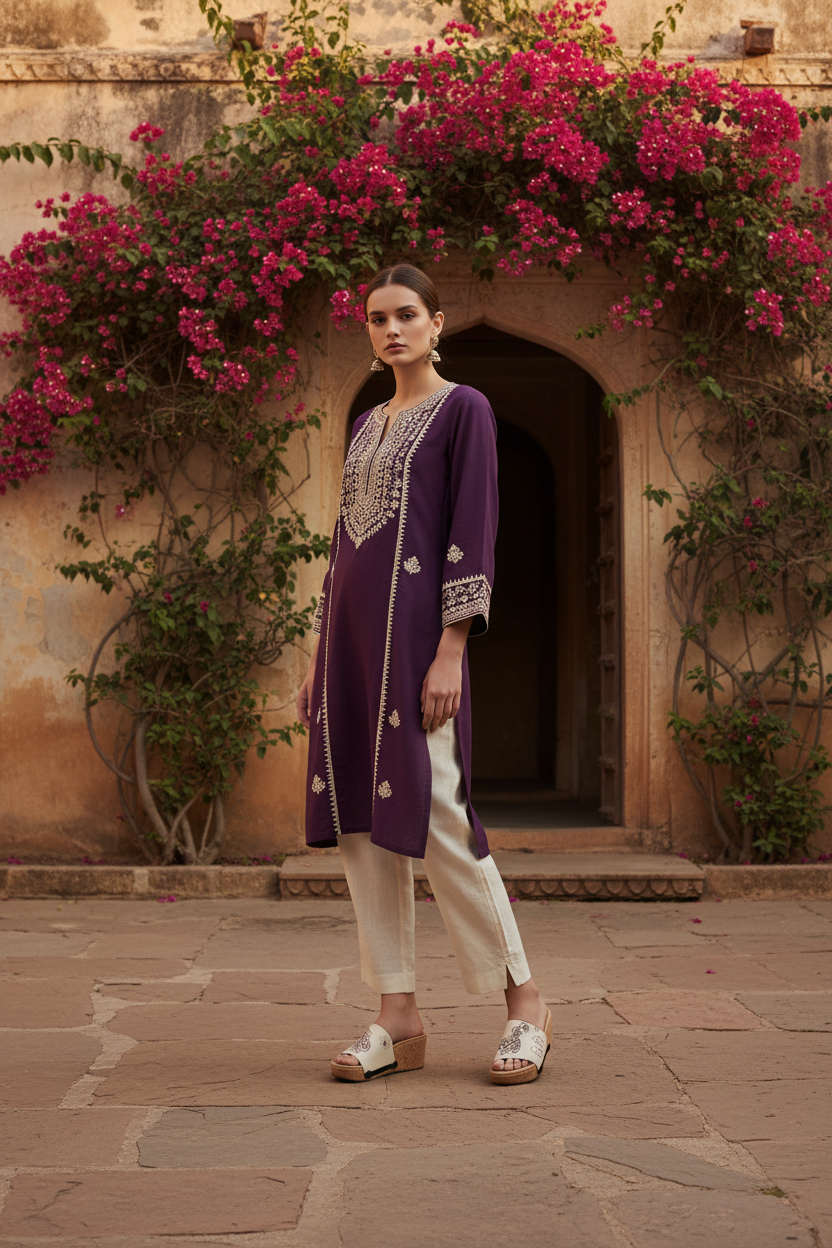 Full-length editorial shot of slim model in ethnic fusion outfit wearing Heritage Bloom deep purple mandala snap-on sandal strap — Ethnic Collection by Soule Footwear