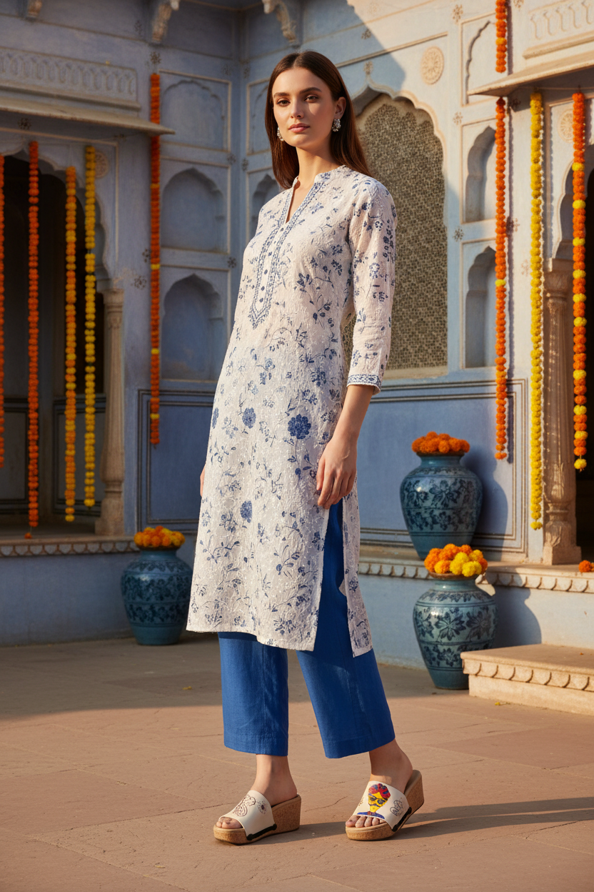 Full-length editorial shot of slim model in ethnic fusion outfit wearing Desi Cool Rajasthani folk art snap-on sandal strap — Ethnic Collection by Soule Footwe