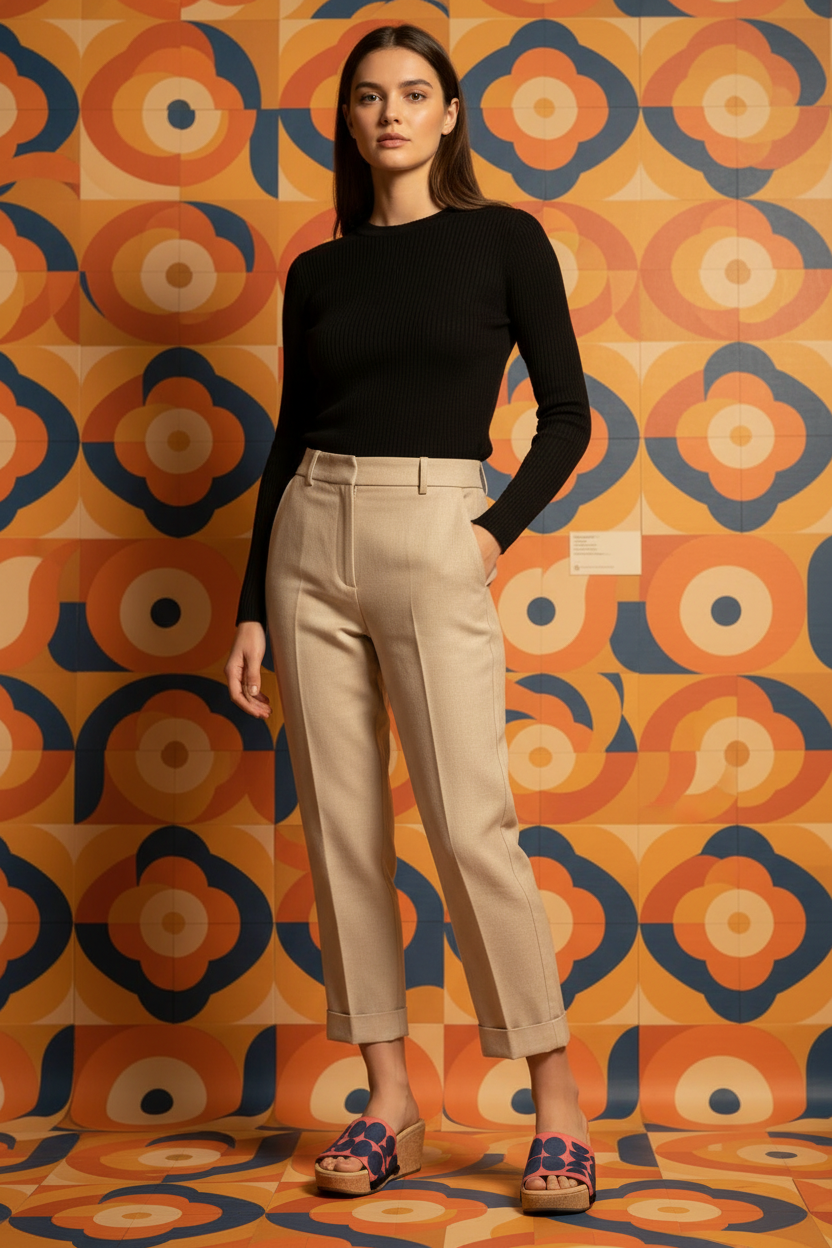 Slim woman wearing Retro Rhythm Soule wedge sandal in smart casual outfit in retro art space