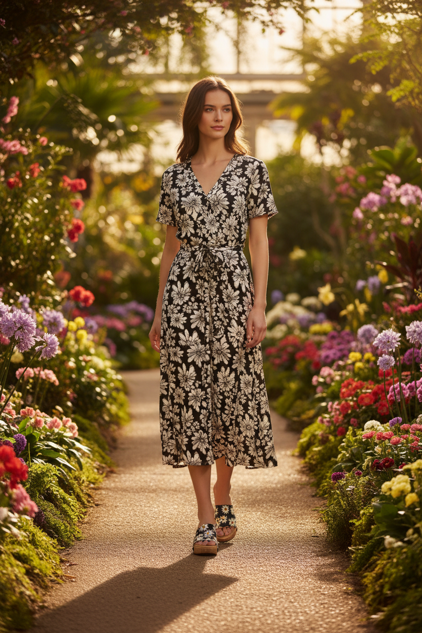 Full-length shot of woman walking through sunlit garden path wearing Noir Blossom Soule wedge sandals in black and white midi dress