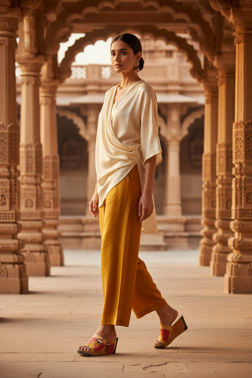 Full-length shot of woman walking through warm sandstone palace courtyard at golden hour wearing Graceful Heritage Dance Soule wedge sandals in flowing saffron yellow palazzo trousers and ivory draped kurta-style top