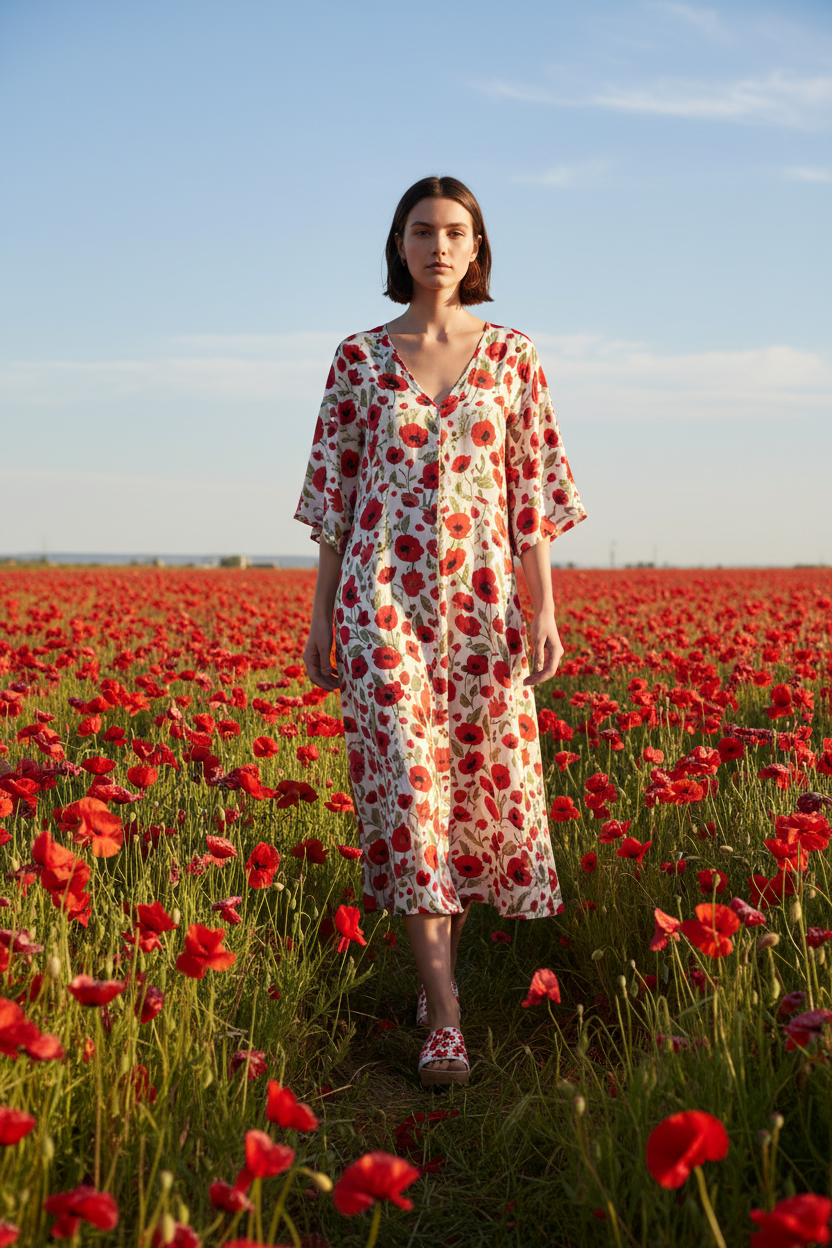  Full-length shot of woman walking through red poppy field wearing Poppy Love Soule wedge sandals in white and red floral midi dress