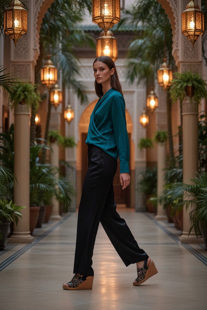 Full-length shot of woman walking through grand Moroccan riad corridor wearing Elegant Ethnic Soule wedge sandals in flowing black palazzo trousers and deep teal draped blouse