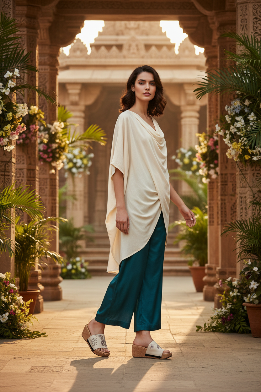 Full-length shot of woman walking through grand heritage palace garden wearing Kolhapuri Floral Ethnic Soule wedge sandals in flowing teal palazzo trousers and ivory draped kurta-style top