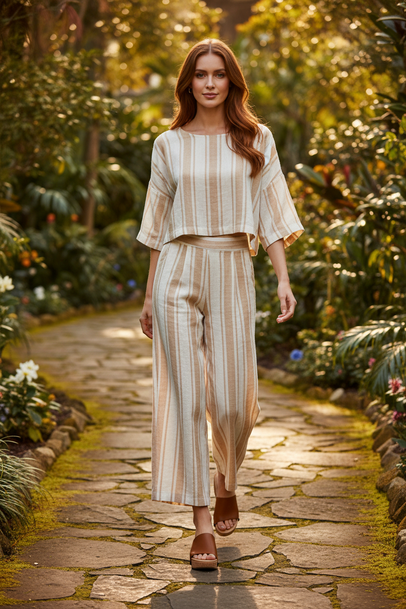 Full-length shot of woman walking along botanical garden path wearing Mocha Essence Soule wedge sandals in cream and camel linen co-ord