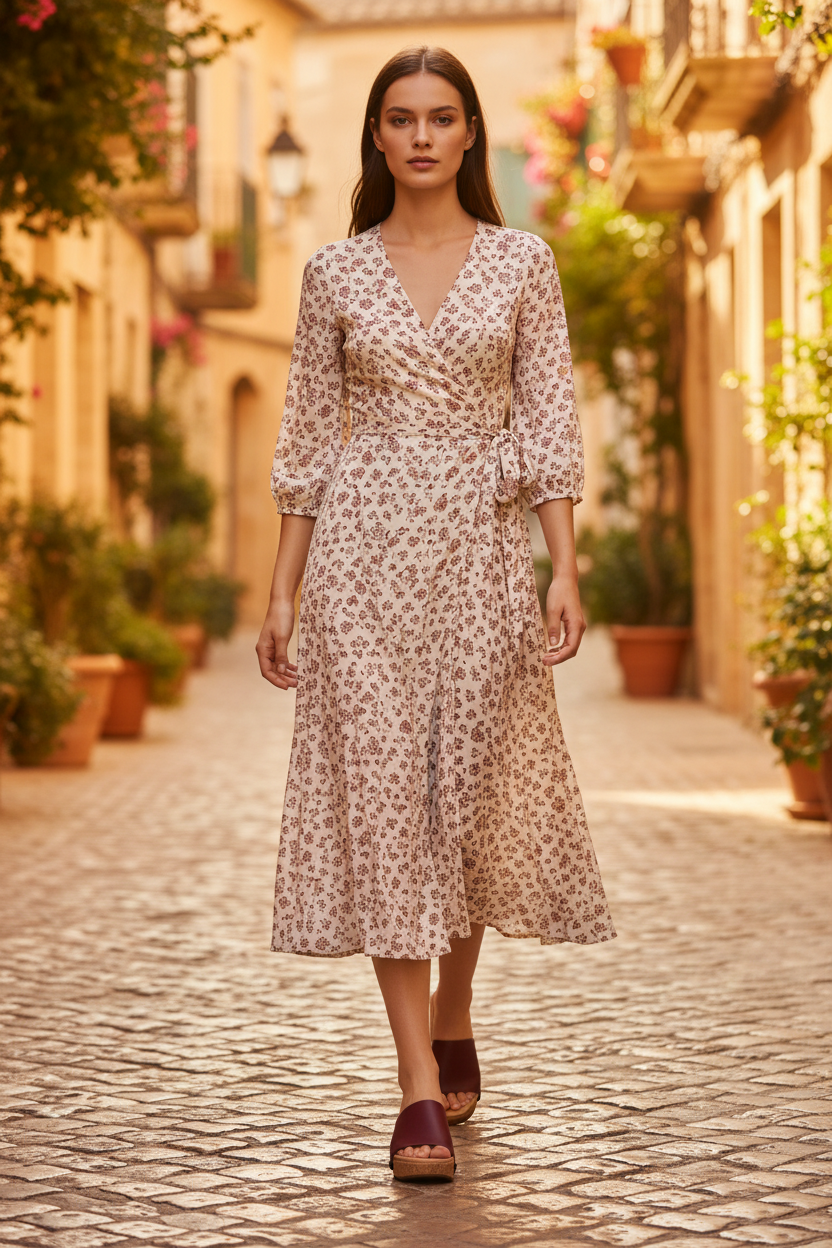  Full-length shot of woman walking on Mediterranean cobblestone street wearing Maroon Soule wedge sandals in cream and maroon midi wrap dress
