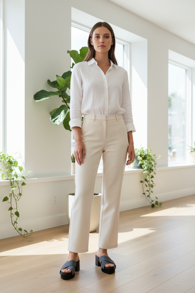 Full-length lifestyle shot of slim woman wearing grey criss-cross Soule sandal strap on black platform sole, styled with cream trousers and white linen shirt in a bright minimal boutique