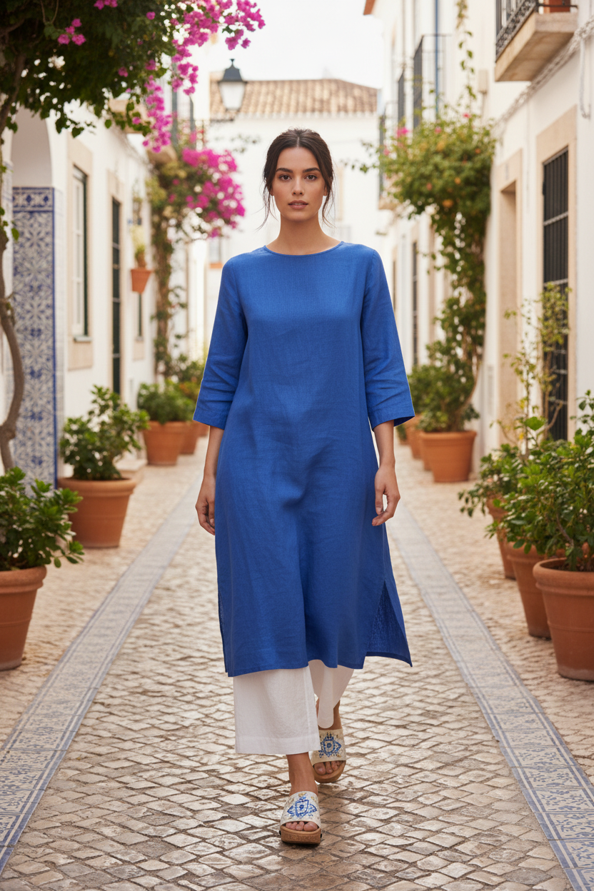 Full-length shot of woman walking along cobblestone Mediterranean street wearing Timeless Elegance Soule wedge sandals in flowing white linen trousers and cobalt blue linen co-ord