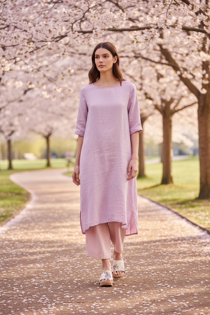 Full-length shot of woman walking through cherry blossom park wearing Enchanting Fluid Soule wedge sandals in flowing blush pink linen co-ord
