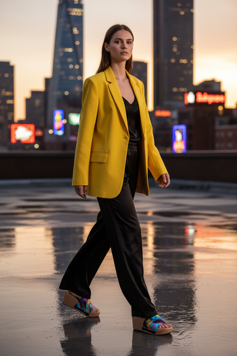 Full-length shot of woman walking along neon city street wearing Mesmerising Fluid Art Soule wedge sandals in black satin trousers and oversized electric yellow blazer