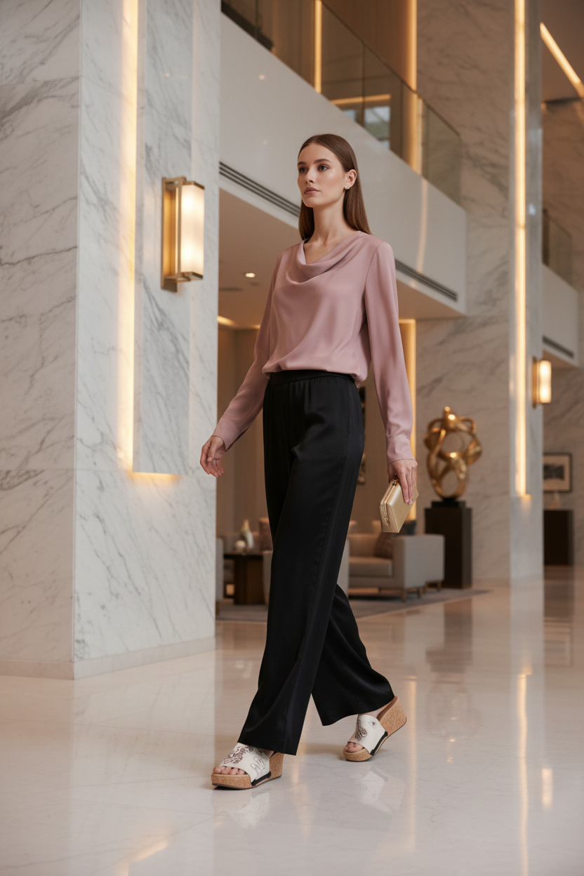Full-length shot of woman walking through luxury gallery wearing Pink Swirl Symphony Soule wedge sandals in black palazzo trousers and mauve draped blouse