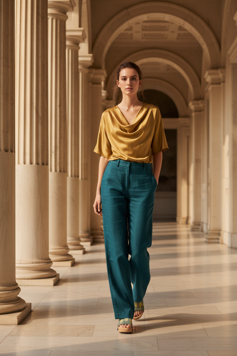  Full-length shot of woman walking through grand ancient museum gallery wearing Charming Intricate Pattern Ethnic Soule wedge sandals in flowing teal linen trousers and gold draped silk blouse