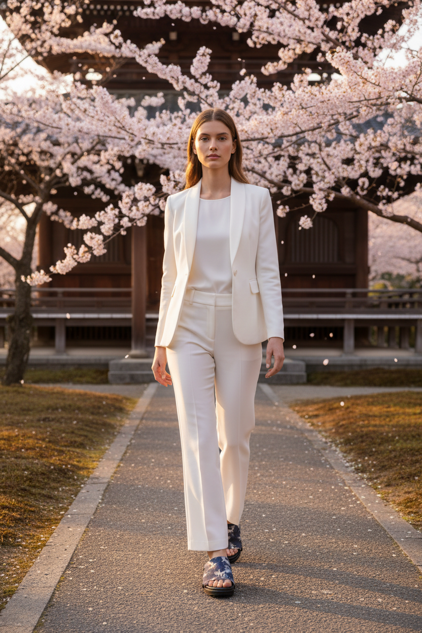 woman wearing Crane Blossom Soule cork wedge sandals in smart casual white outfit at breathtaking Japanese temple garden in cherry blossom season