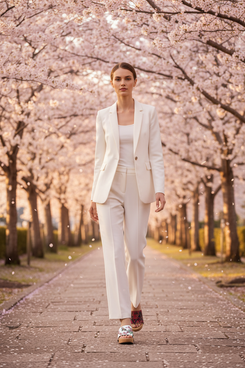 woman wearing Blossom Bird Soule cork wedge sandals in smart casual white outfit on breathtaking Japanese cherry blossom avenue at golden hour