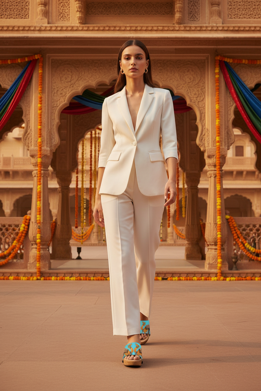 woman wearing Desert Royale Soule cork wedge sandals in smart casual outfit in breathtaking Rajasthani palace courtyard