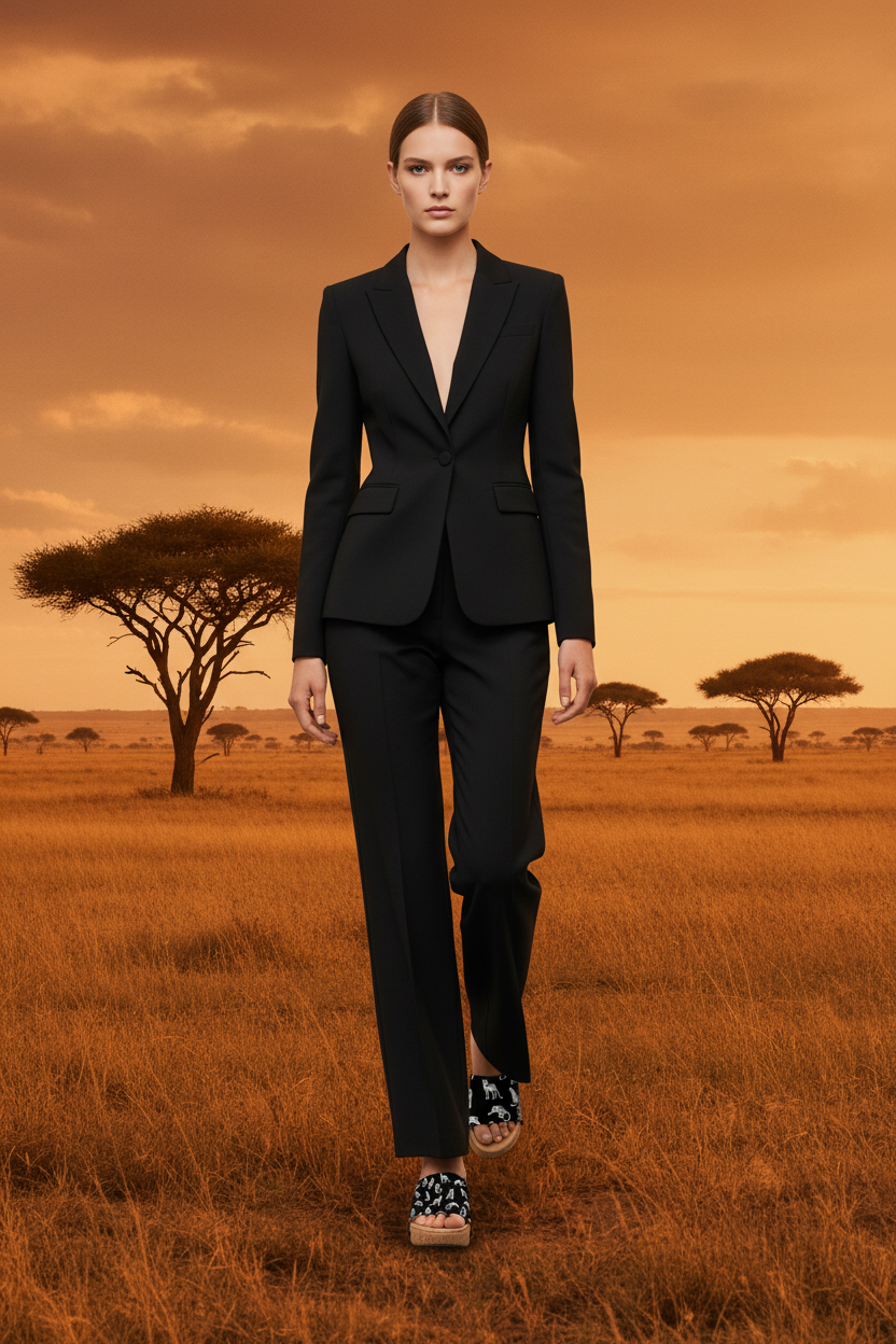 woman wearing Cheetah Noir Soule cork wedge sandals in smart casual black outfit on breathtaking African savanna at dusk
