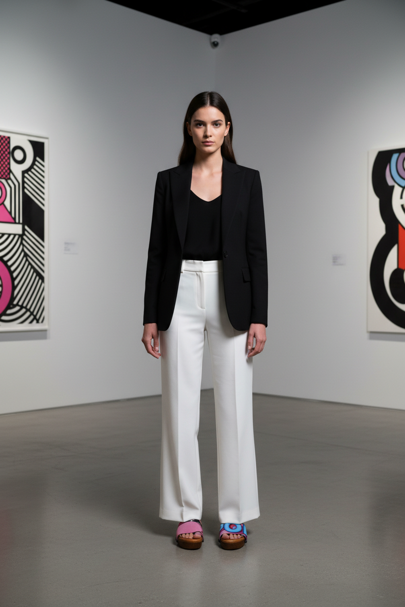  woman wearing Pop Circle Soule wedge sandals in smart casual outfit in sleek minimalist pop art gallery
